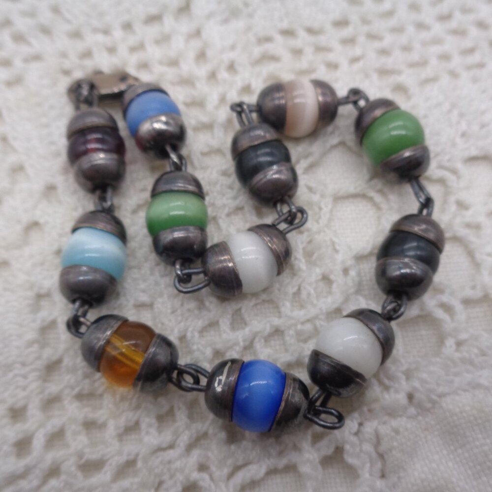 Vintage Sterling Silver 925 Cat's Eye Glass Beads Bracelet